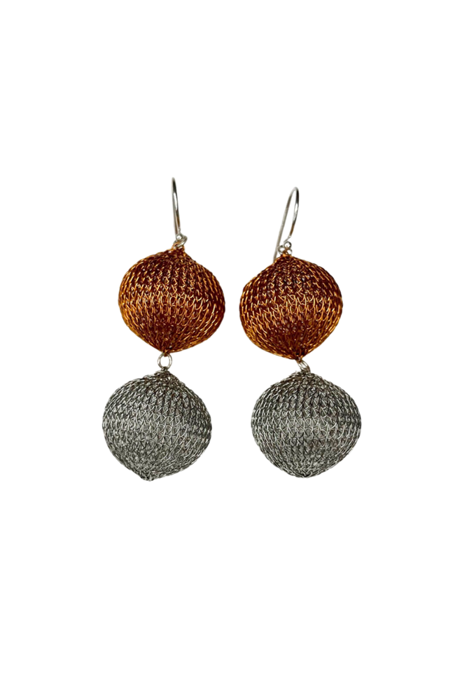 Shop Twin Ball Copper & Silver Hand Woven Mesh Drop Earrings - Origen Imports