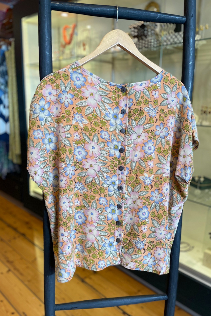Shop Mustard Flowers Upcycled Vintage Silk Button Back Top - Origen Imports