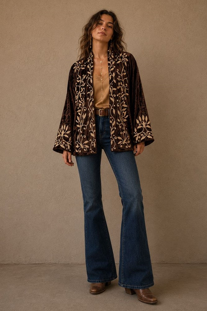 Velvet Embroidered Kimono Jacket- Dark Brown