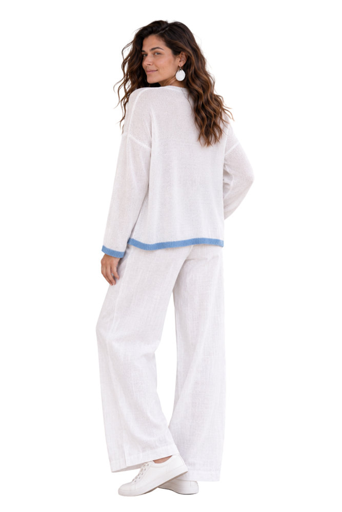 Verona Cotton Cardigan w/ Contrast Trimming - Blue