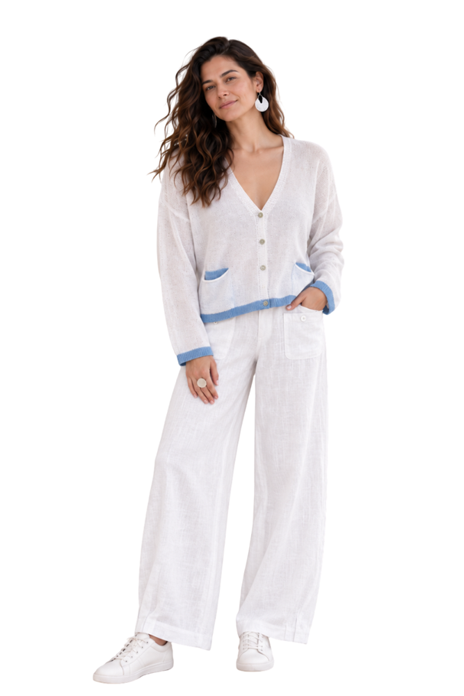 Verona Cotton Cardigan w/ Contrast Trimming - Blue