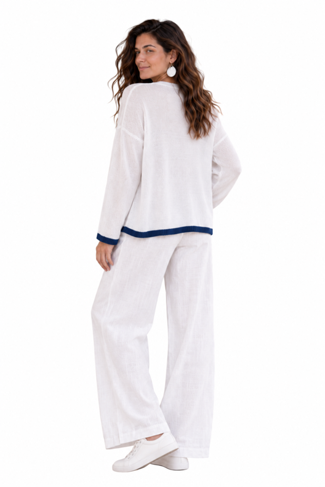 Verona White Cotton Cardigan w/ Contrast Trimming - Navy