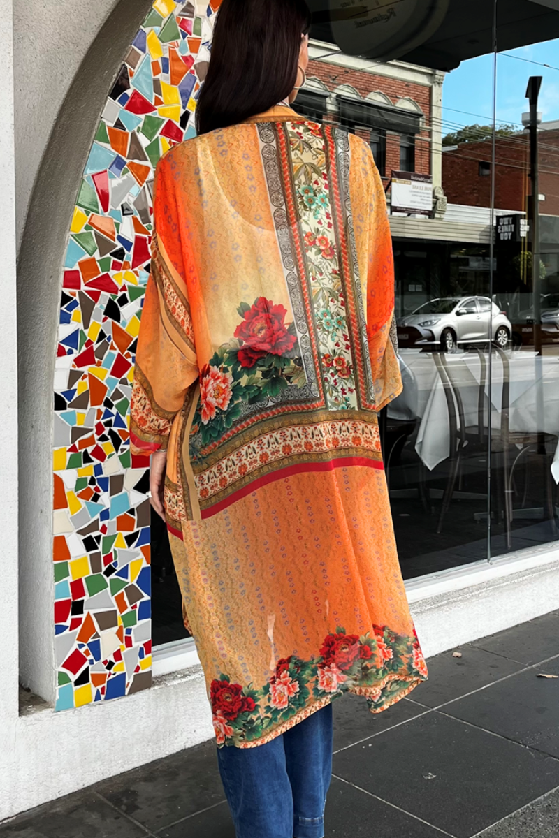 Shop Vintage Silk Long Orange Kimono By Origen - Origen Imports