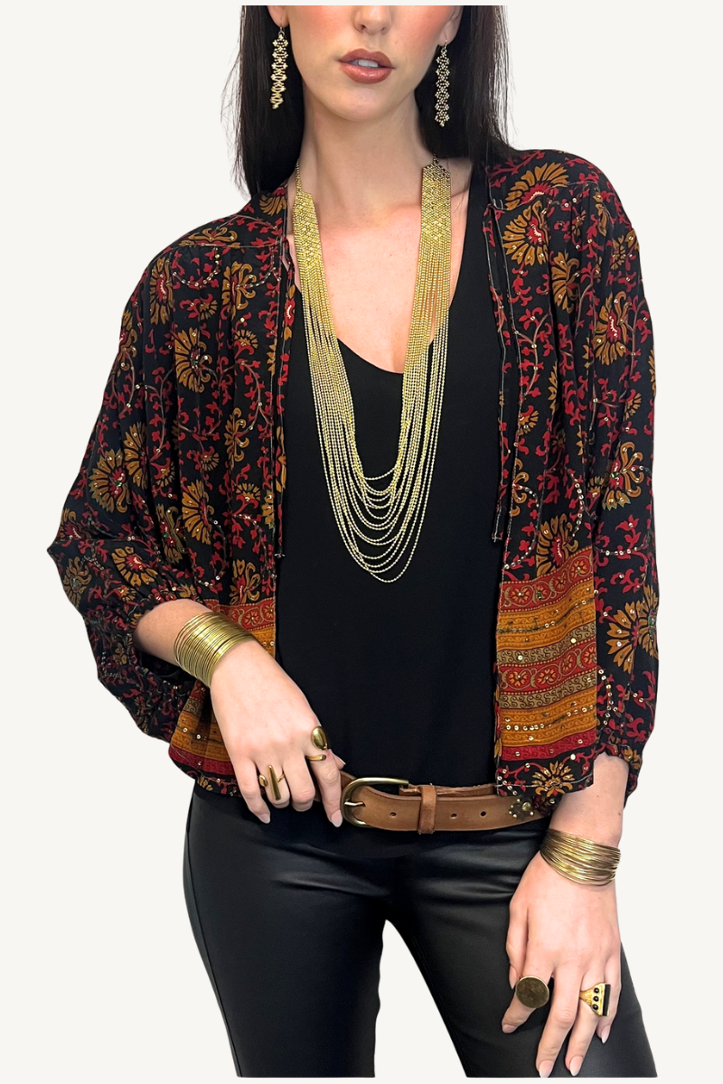 Shop Vintage Silk Short Black Jacket By Origen (One-Of-A-Kind Assorted Colours & Prints) - Origen Imports