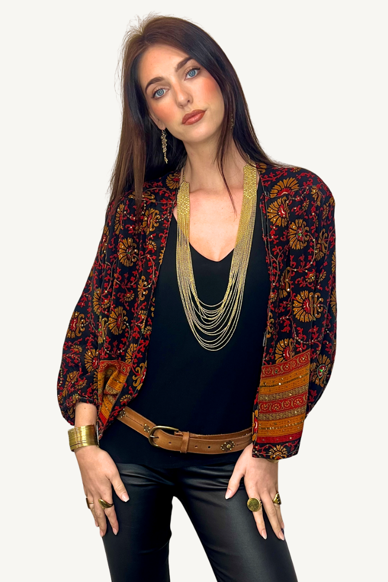 Shop Vintage Silk Short Black Jacket By Origen (One-Of-A-Kind Assorted Colours & Prints) - Origen Imports