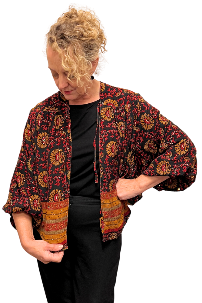Shop Vintage Silk Short Black Jacket By Origen (One-Of-A-Kind Assorted Colours & Prints) - Origen Imports