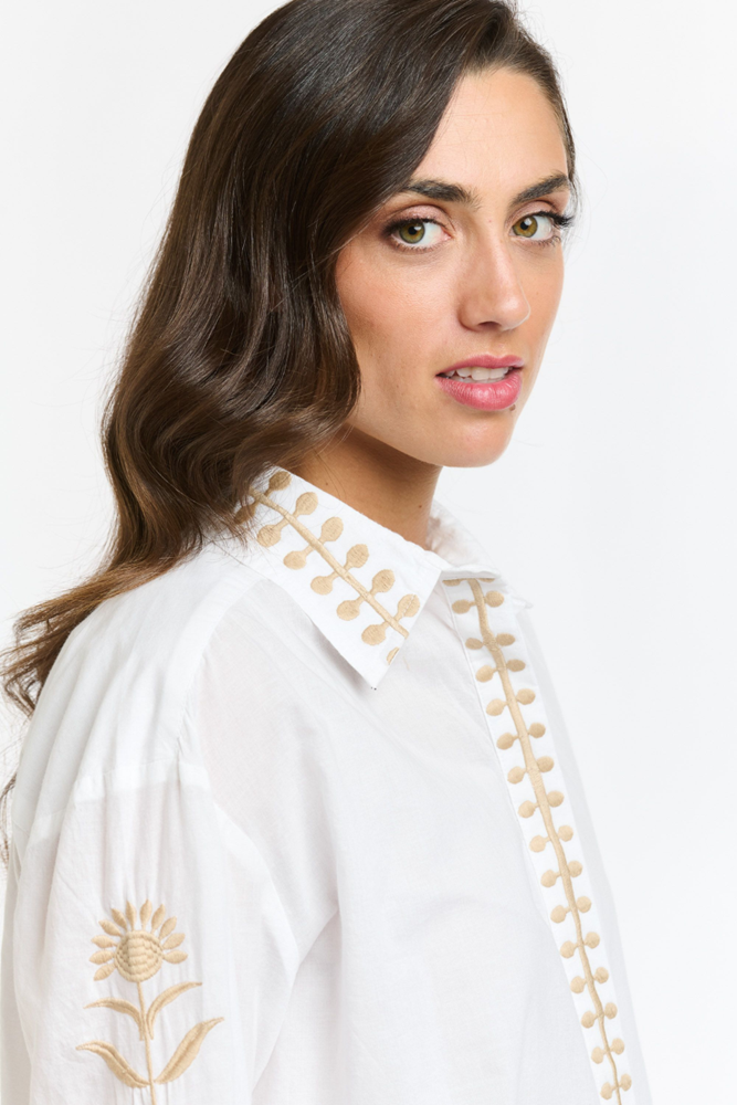 Shop White & Beige Cotton Thistle Blouse By Italian Star - Origen Imports