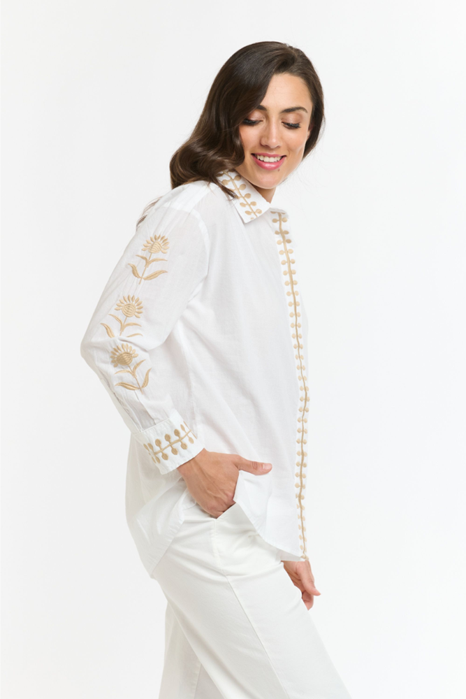 Shop White & Beige Cotton Thistle Blouse By Italian Star - Origen Imports