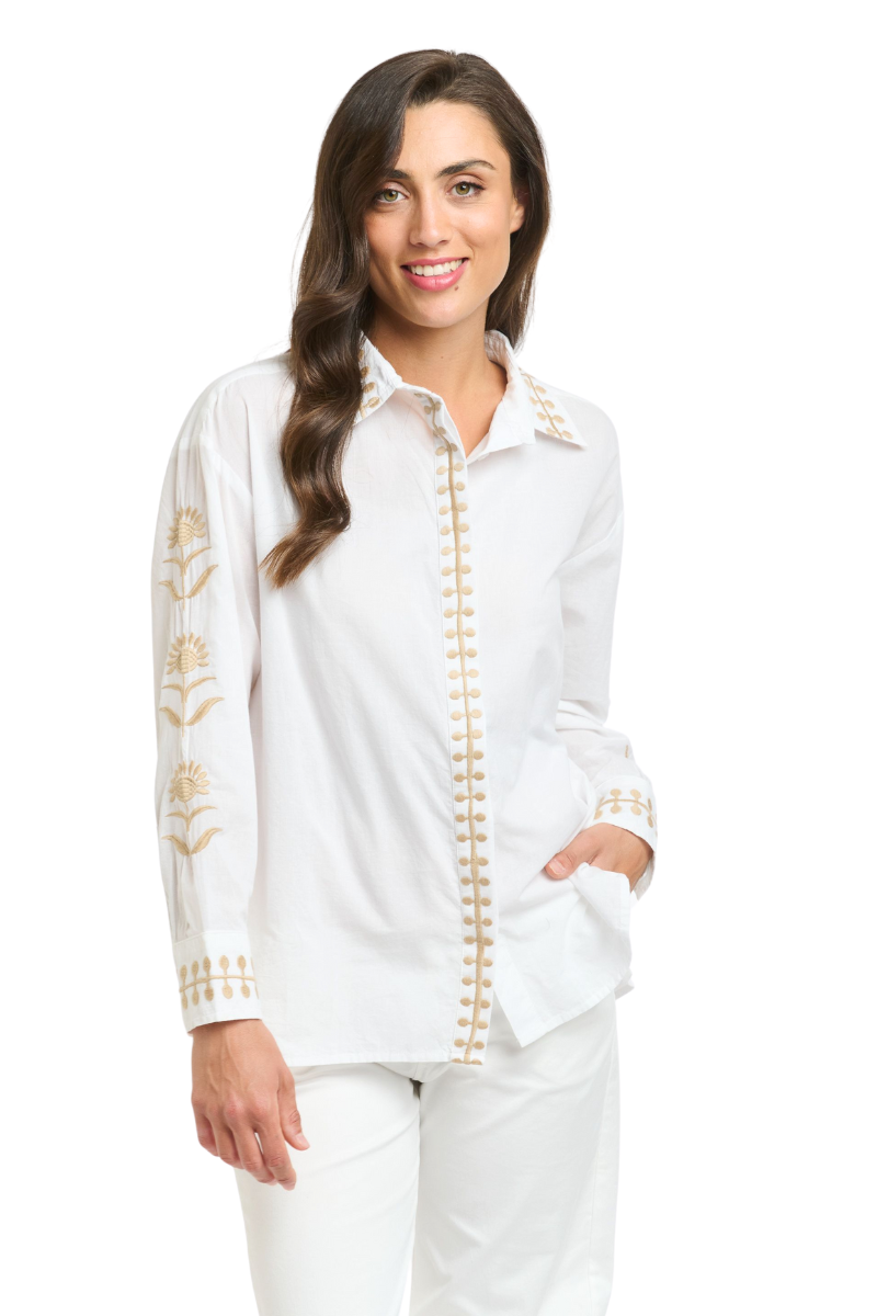 Shop White & Beige Cotton Thistle Blouse By Italian Star - Origen Imports