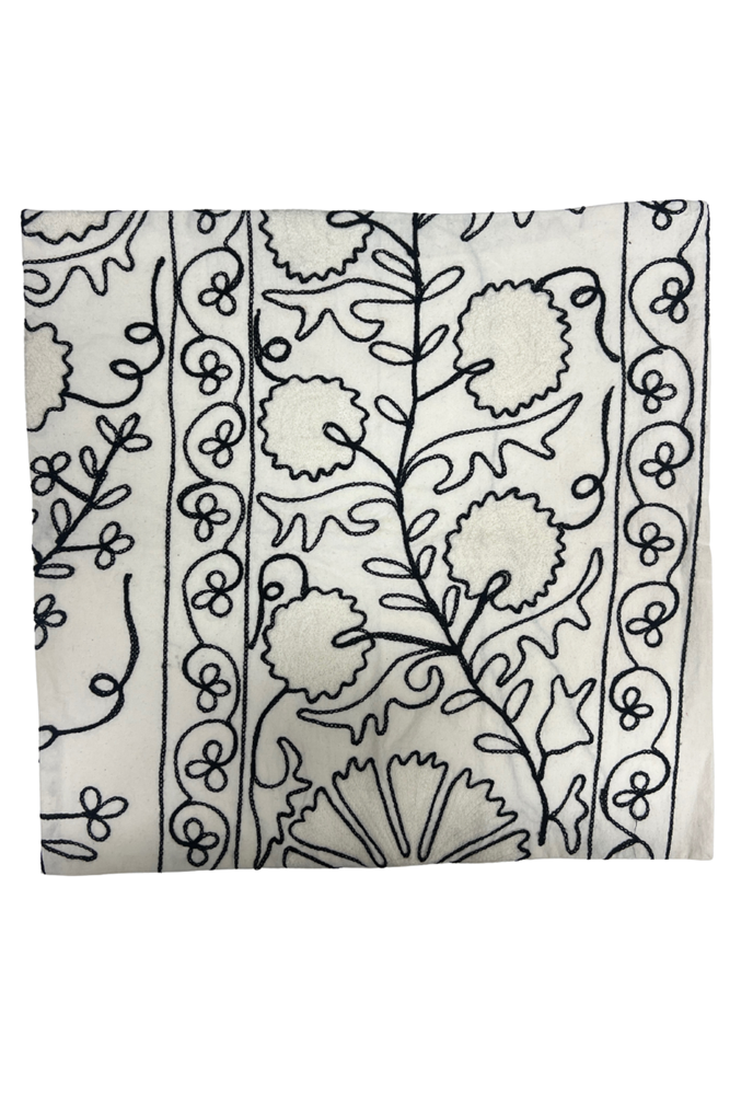 White & Black Embroidered Floral Square Cushion (50 x 50 cm) By Origen Imports