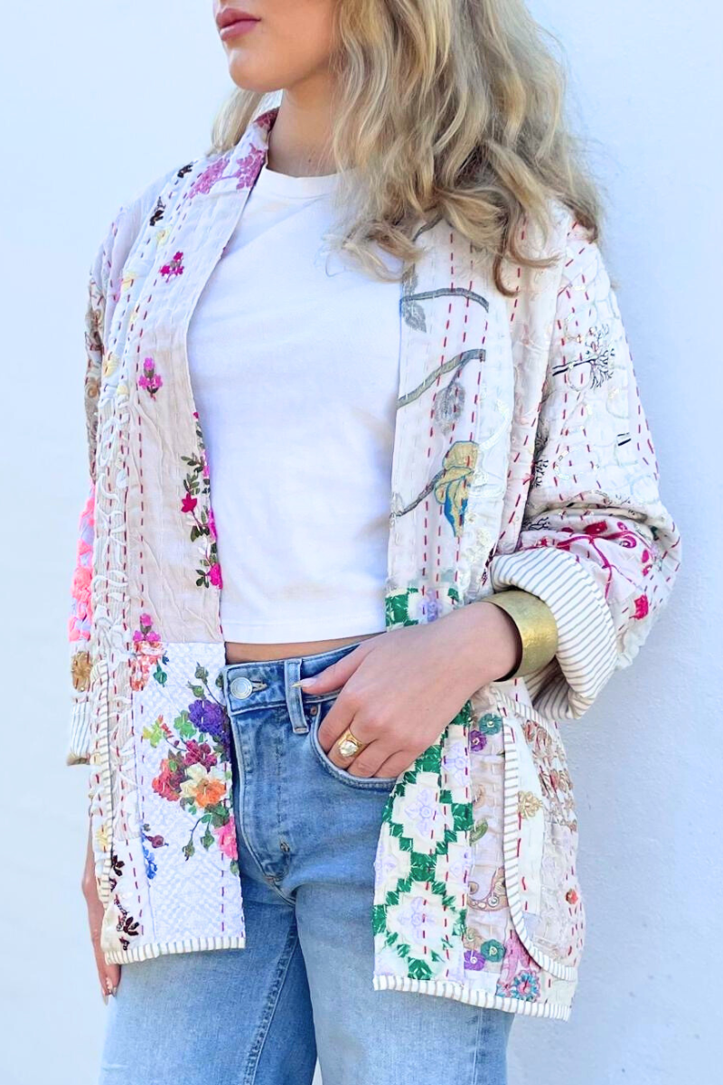 Shop White Cotton and Silk Embroidered Kantha Jacket By Origen - Origen Imports