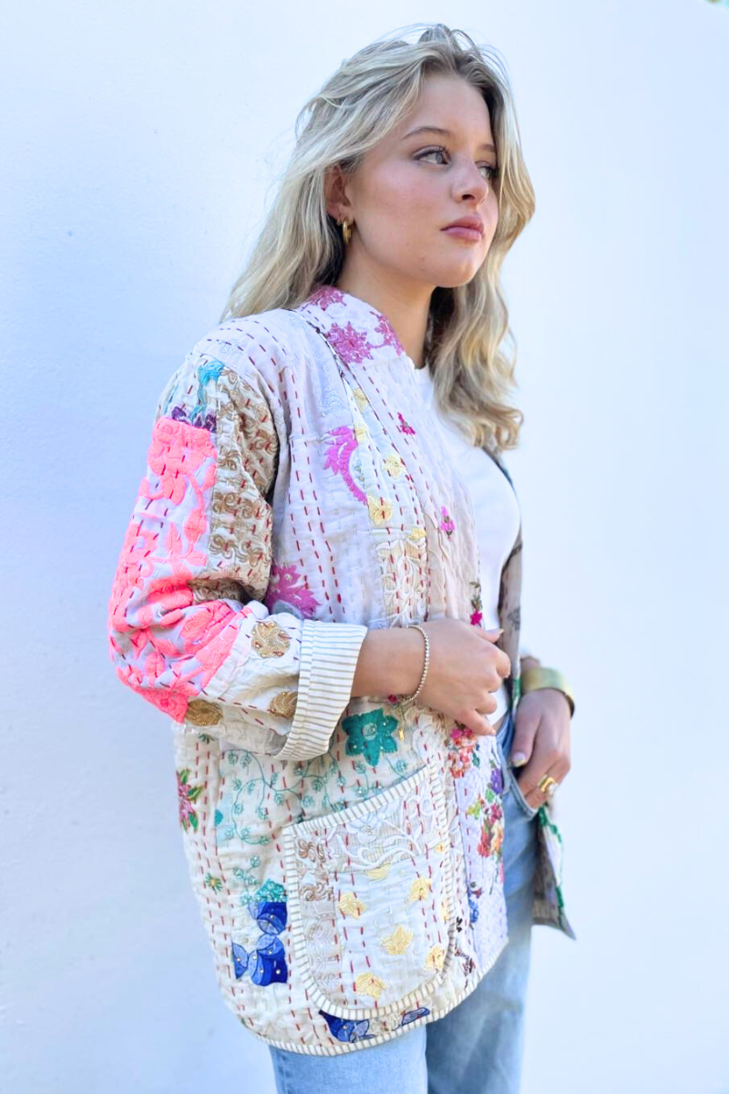 Shop White Cotton and Silk Embroidered Kantha Jacket By Origen - Origen Imports