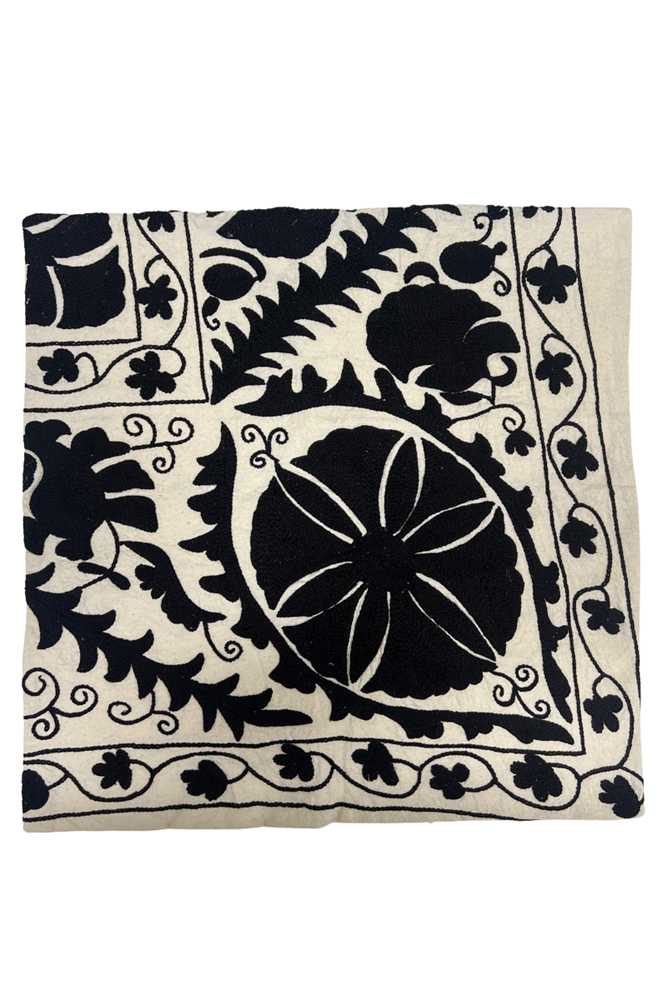 White Embroidered Black Flowers Square Cushion (50 x 50 cm) By Origen Imports