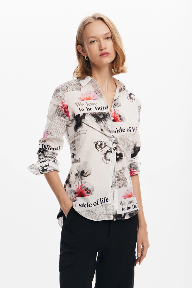 Shop White Floral Text Shirt By Desigual - Origen Imports