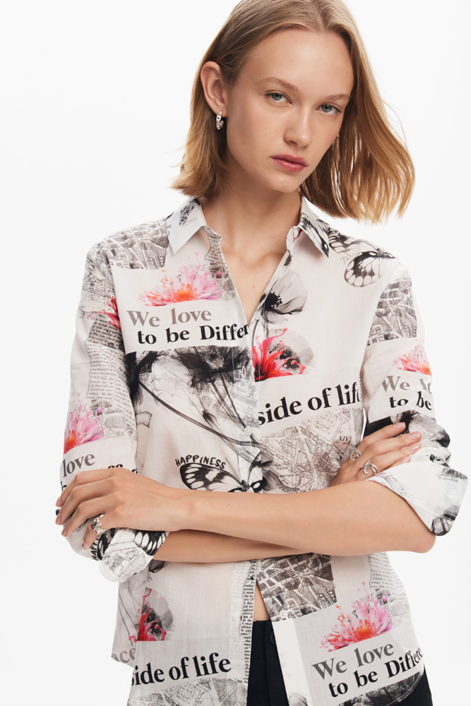 Shop White Floral Text Shirt By Desigual - Origen Imports