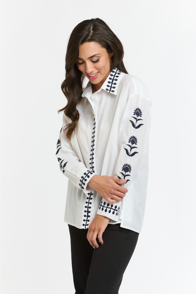 Shop White & Navy Cotton Thistle Blouse By Italian Star - Origen Imports