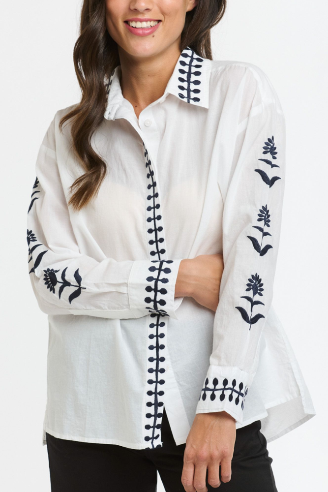 Shop White & Navy Cotton Thistle Blouse By Italian Star - Origen Imports