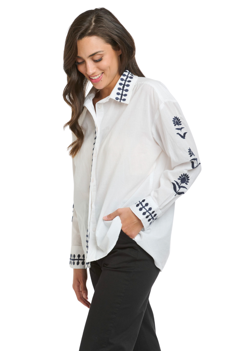 Shop White & Navy Cotton Thistle Blouse By Italian Star - Origen Imports