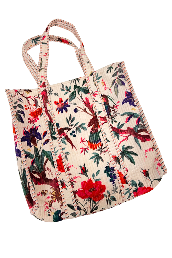Shop White & Red Floral Reversible Cotton Velvet Tote Bag By Origen - Origen Imports