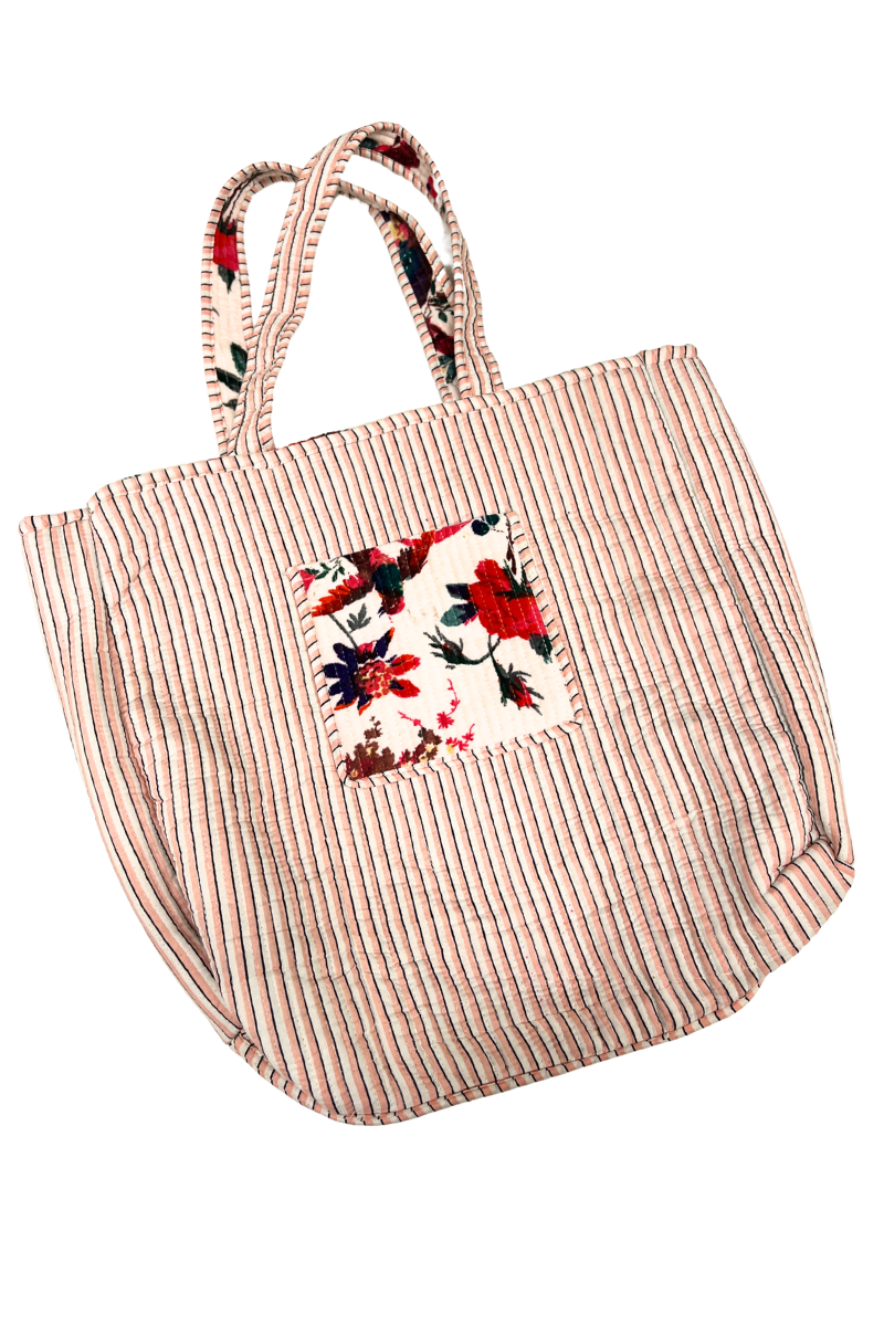Shop White & Red Floral Reversible Cotton Velvet Tote Bag By Origen - Origen Imports