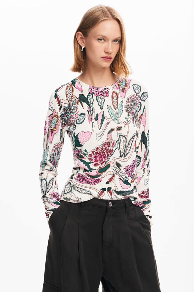 Shop White Sweater With Floral Details By Desigual - Origen Imports