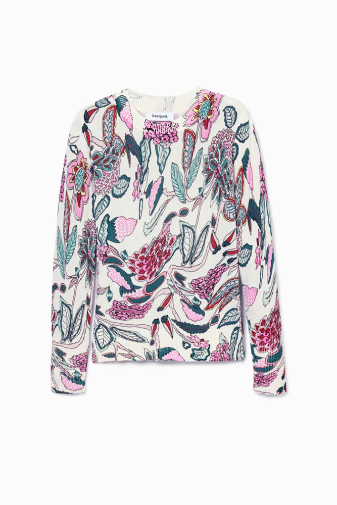 Shop White Sweater With Floral Details By Desigual - Origen Imports