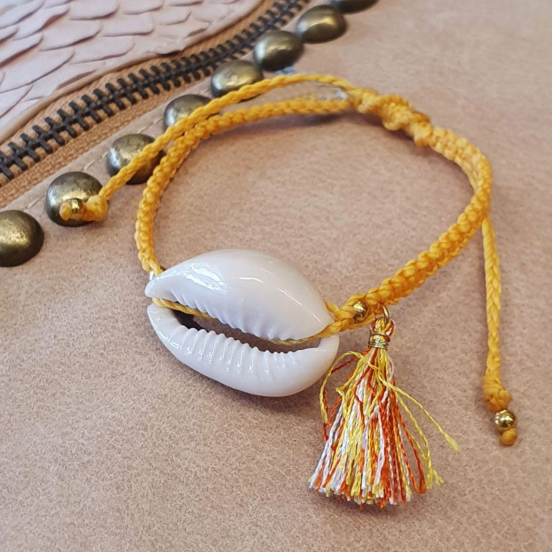 Shop Handmade Macrame  Natural Cowrie Shell Bracelet By Origen - Yellow - Origen Imports