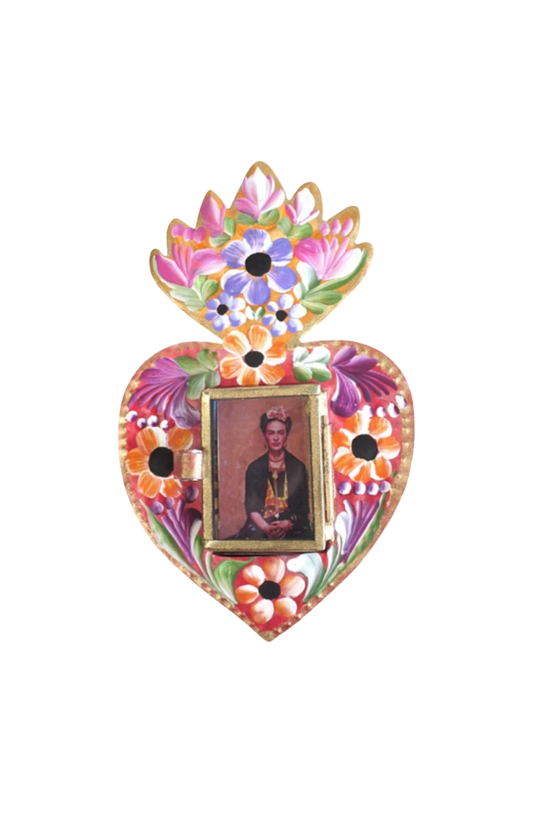 Shop Mexican Frida Tin Heart w Flames - Origen Imports