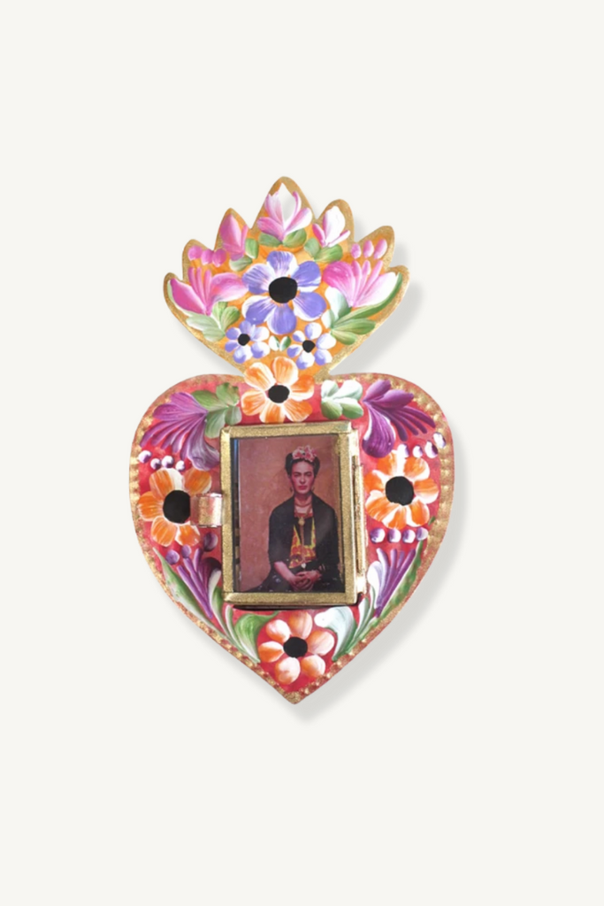 Shop Mexican Frida Tin Heart w Flames - Origen Imports