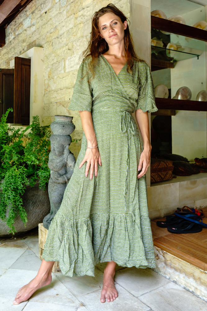 Green oriental contrast shop kimono wrap dress