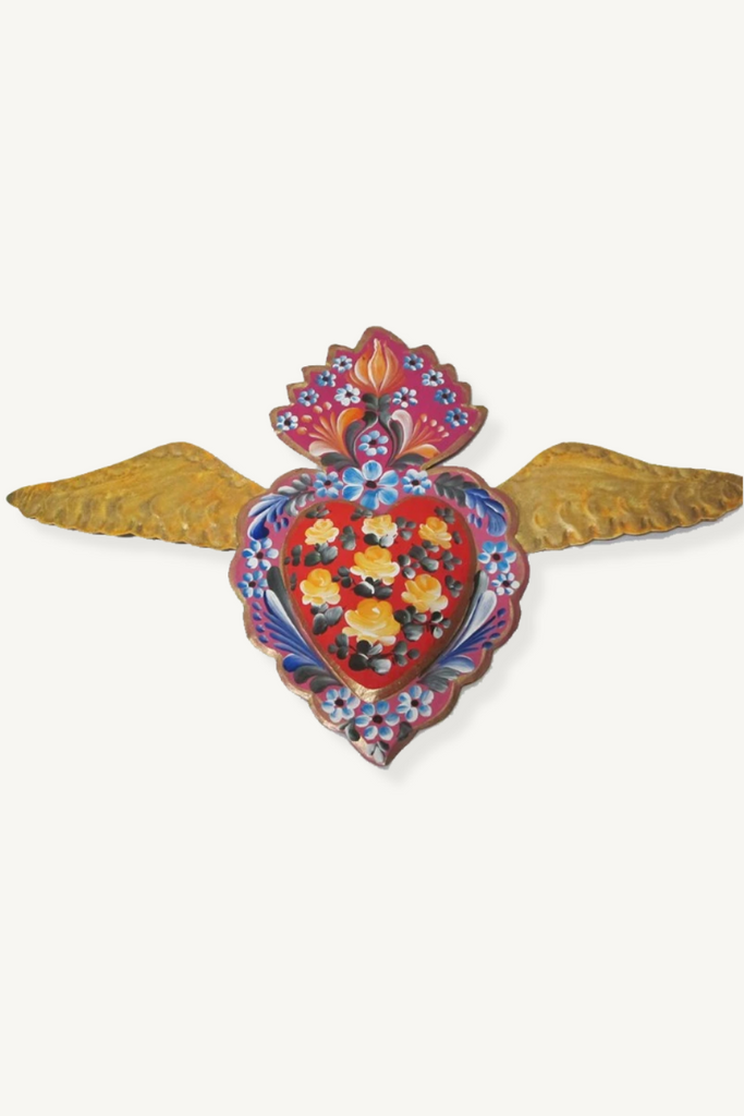 Shop Mexican Painted Tin Heart W Wings - Origen Imports