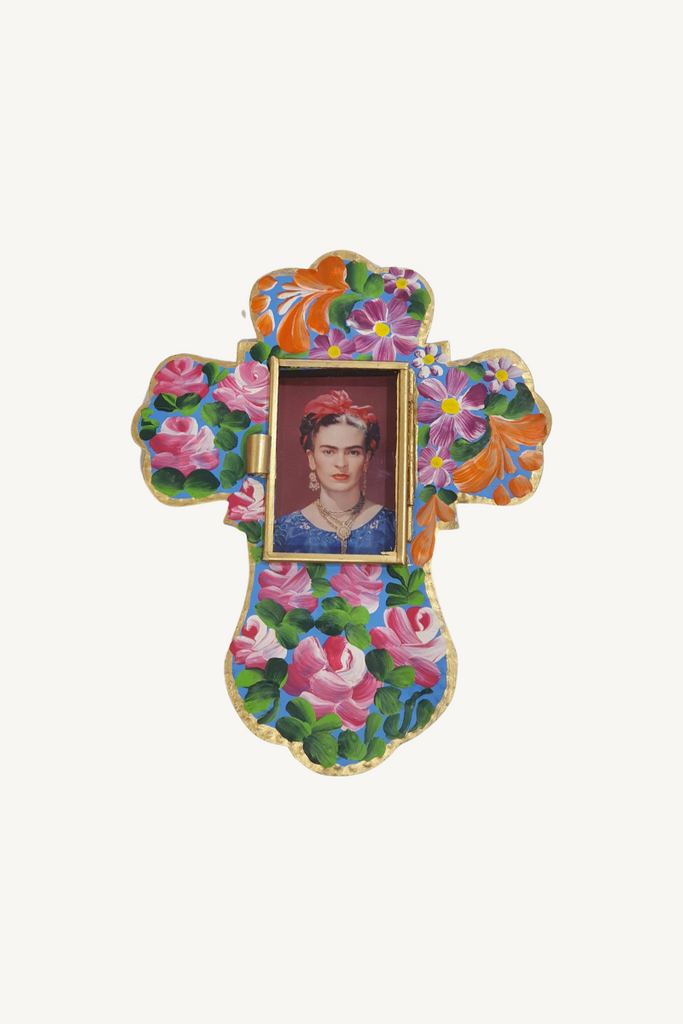 Shop Mexican Hand Painted Frida Tin Cross - Origen Imports
