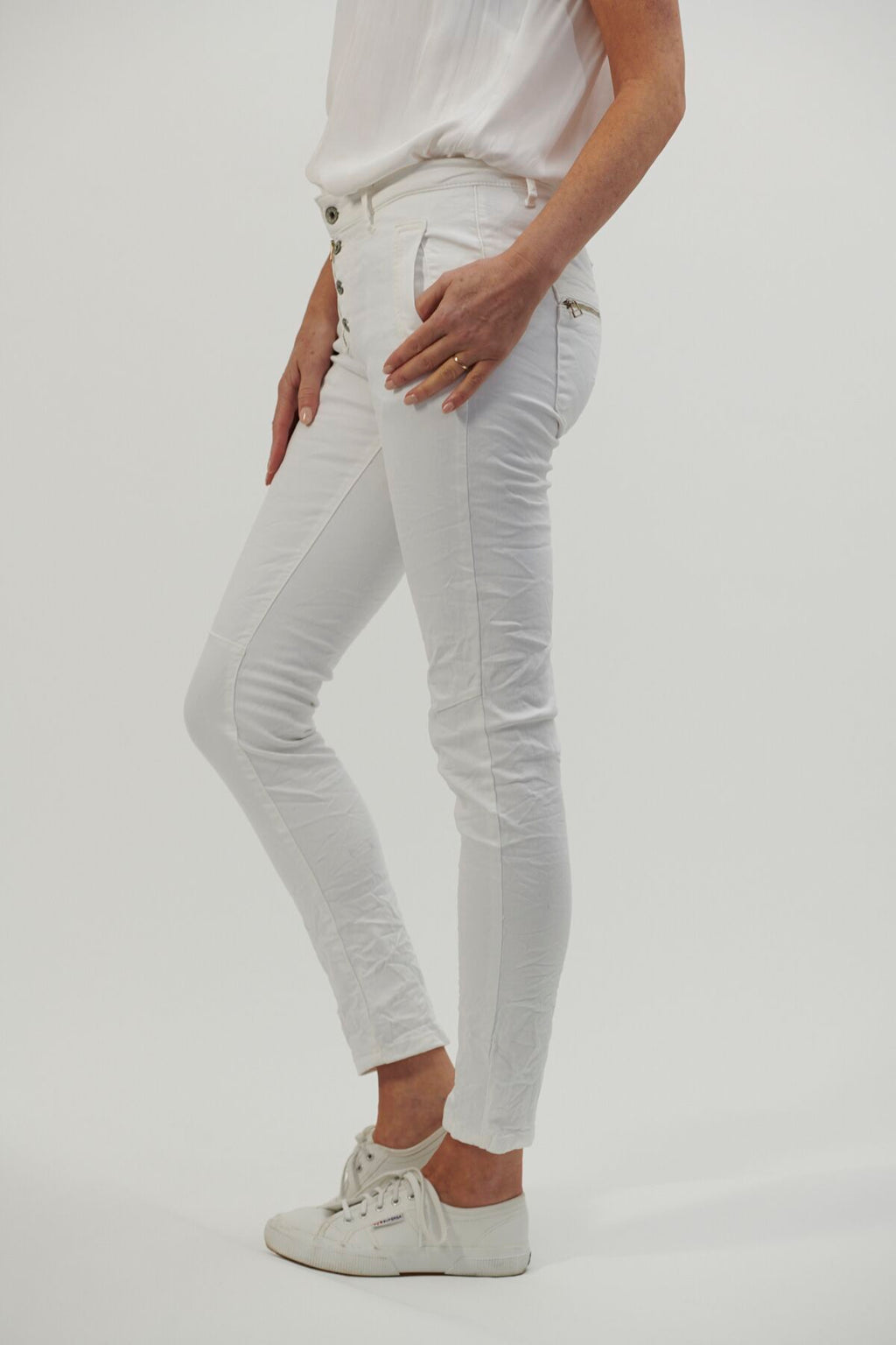 Shop Italian Star Button Jeans - White - Origen Imports