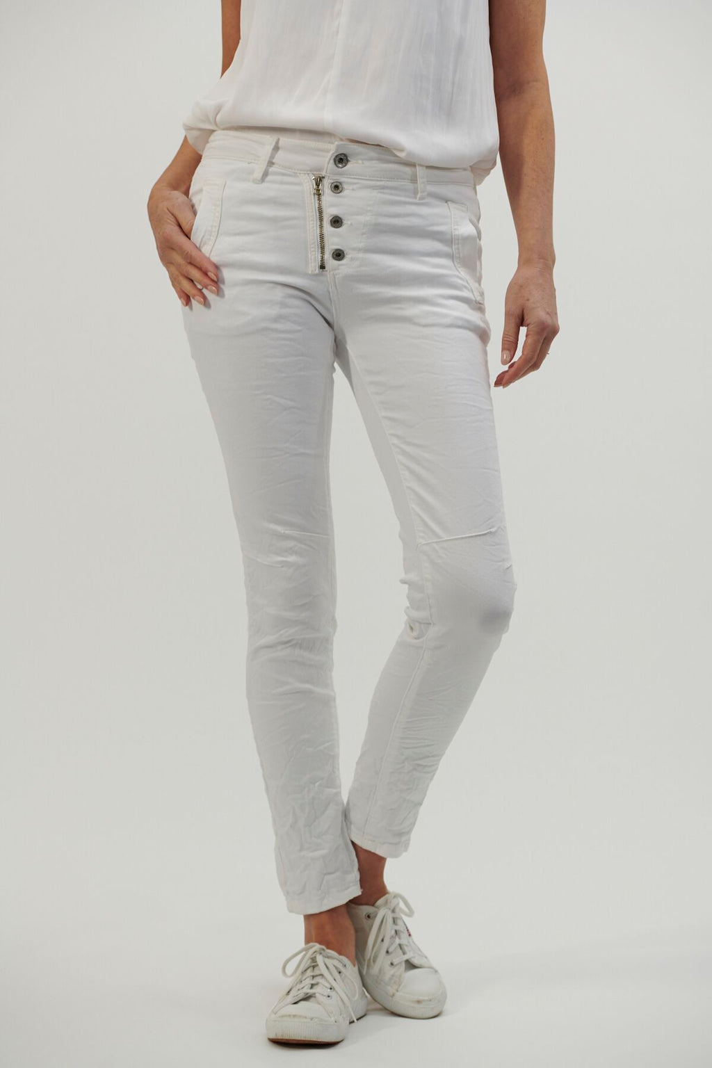 Shop Italian Star Button Jeans - White - Origen Imports